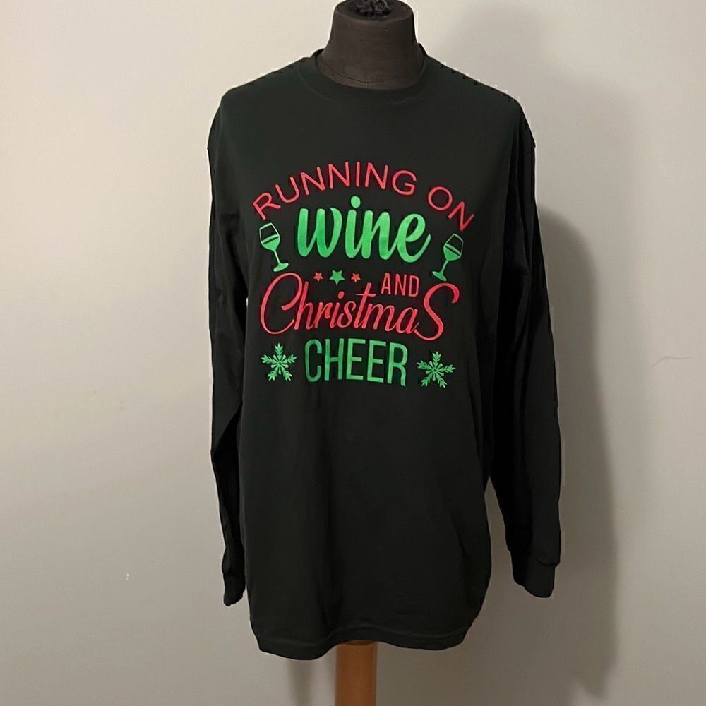 Gildan Women Green Crewneck Long Sleeve Running on Wine & Christmas Cheer